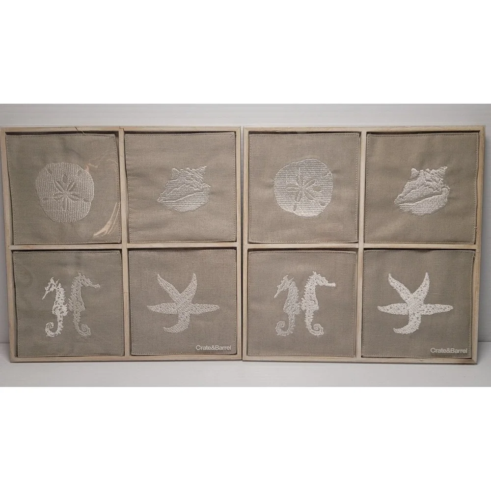 2 Crate & Barrel Linen/Cotton Blend Seaside Coasters Sets Seahorse Starfish NEW